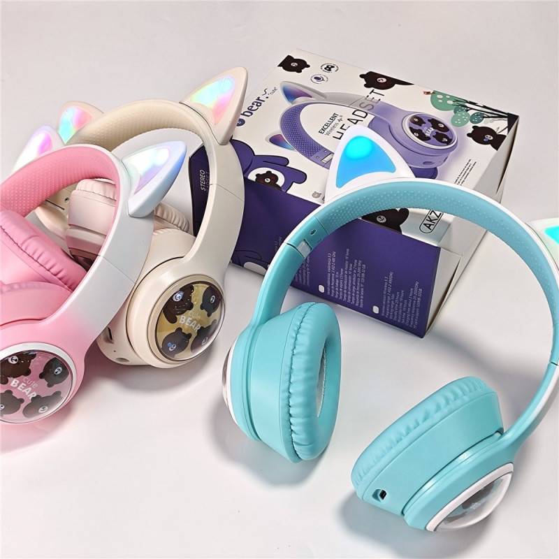 Trådløse On-Ear Hovedtelefoner Glødende Katteøre Bluetooth Gaming Headset - Sort