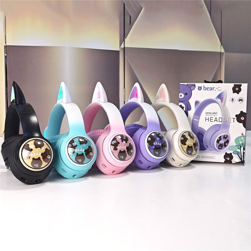 Wireless On-Ear Headphones Glowing Cat Ear Bluetooth Gaming Headset - Blue