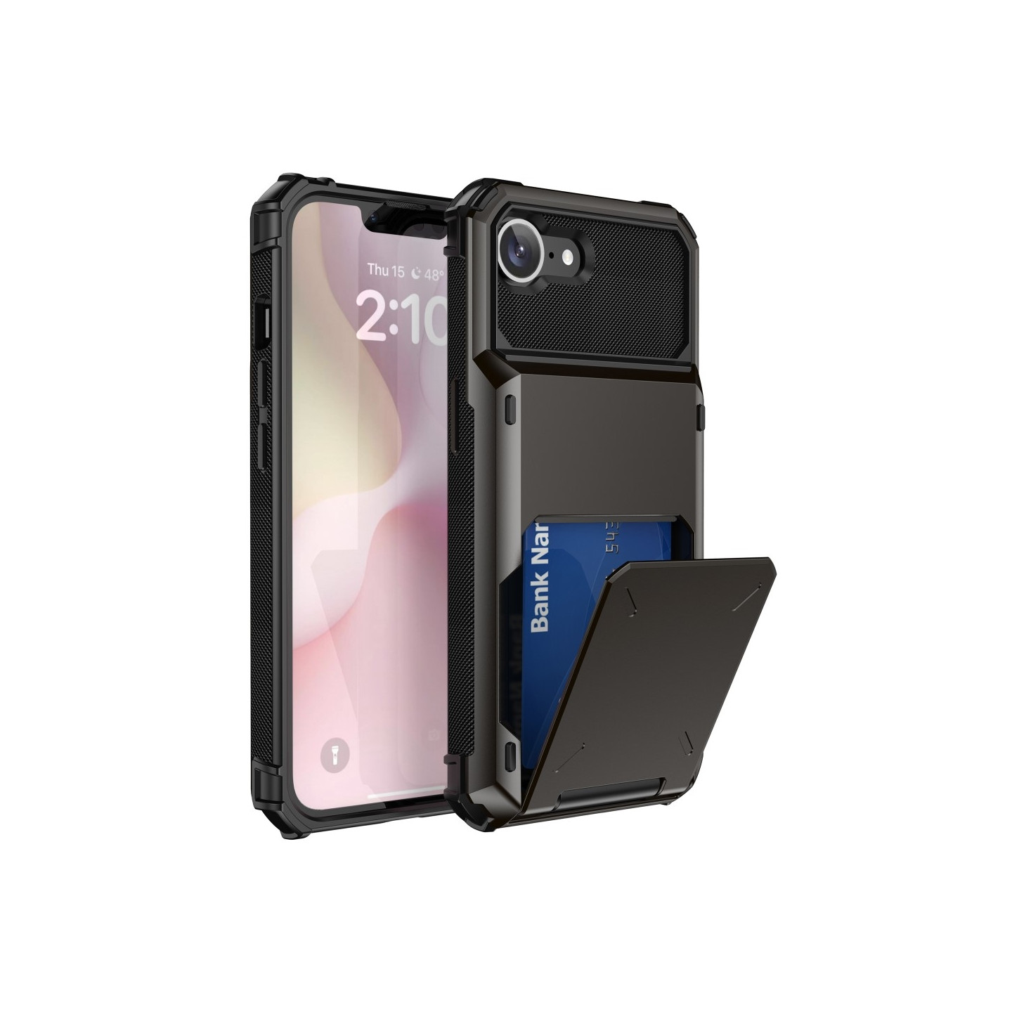 For iPhone 16e Deksel PC+TPU Dobbeltlags Bakdeksel med Kortholder – Svart