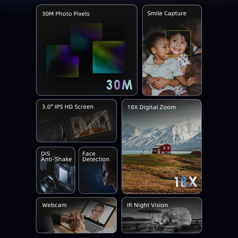 Video Camera ORDRO B320 3" IPS Infrared Night Vision 18X Zoom 30MP Digital Camera