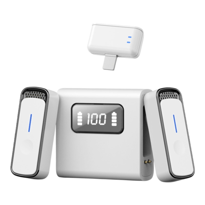 iP Wireless Lavalier Noise Cancelling 2 Microphones Charging Case White+Black