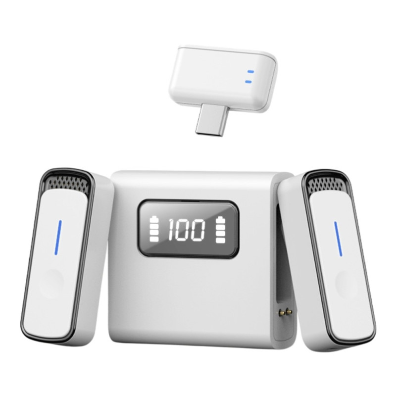 USB-C Langaton Lavalier Melunvaimennus 2 Mikrofonilla Latauskotelo Valkoinen+Musta