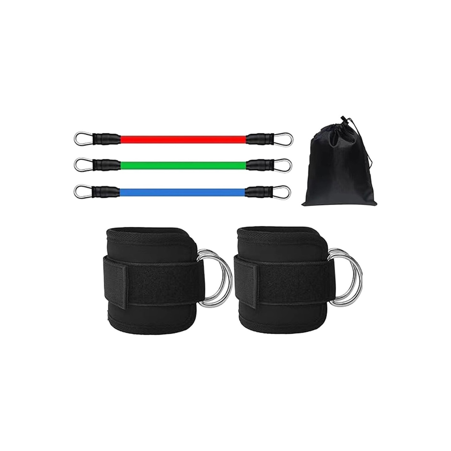 1 pari nilkkaremmejä ja 3 vastuskuminauhaa jalkojen ja pakaroiden harjoitteluun. Kotitreeni.