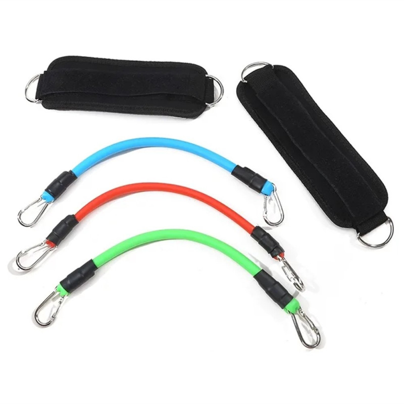 1 pari nilkkaremmejä ja 3 vastuskuminauhaa jalkojen ja pakaroiden harjoitteluun. Kotitreeni.