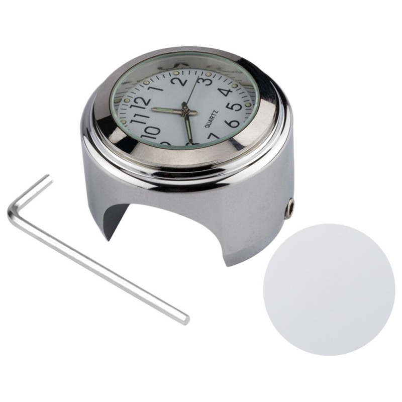 Clock For Motorcycle 22-25.4mm Handlebar Luminous - Silver Case White Dial
