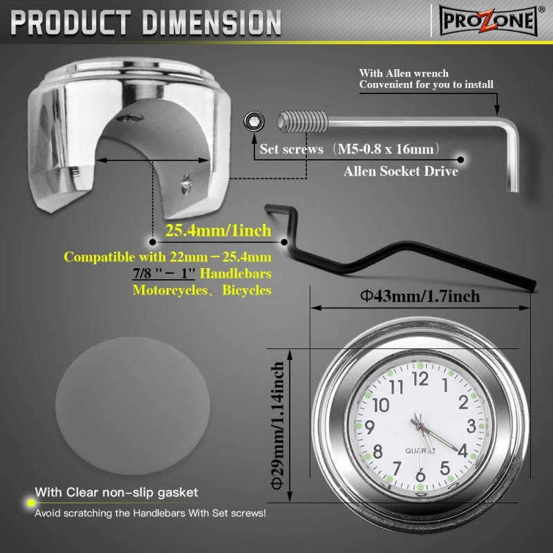 Clock For Motorcycle 22-25.4mm Handlebar Luminous - Black case black dial