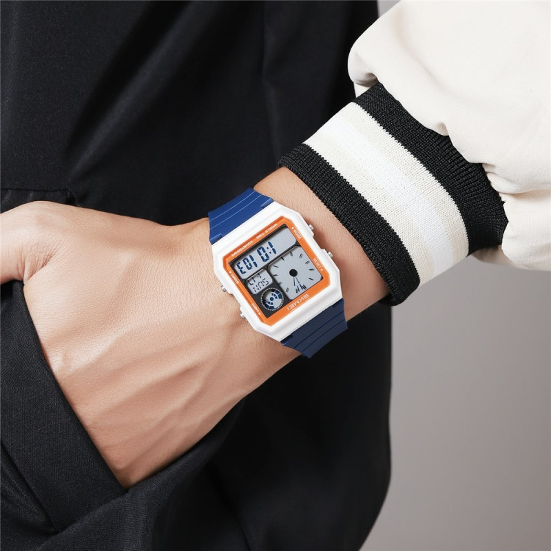 SKMEI Digital Electronic Wristwatch Clock Backlight - White+Blue