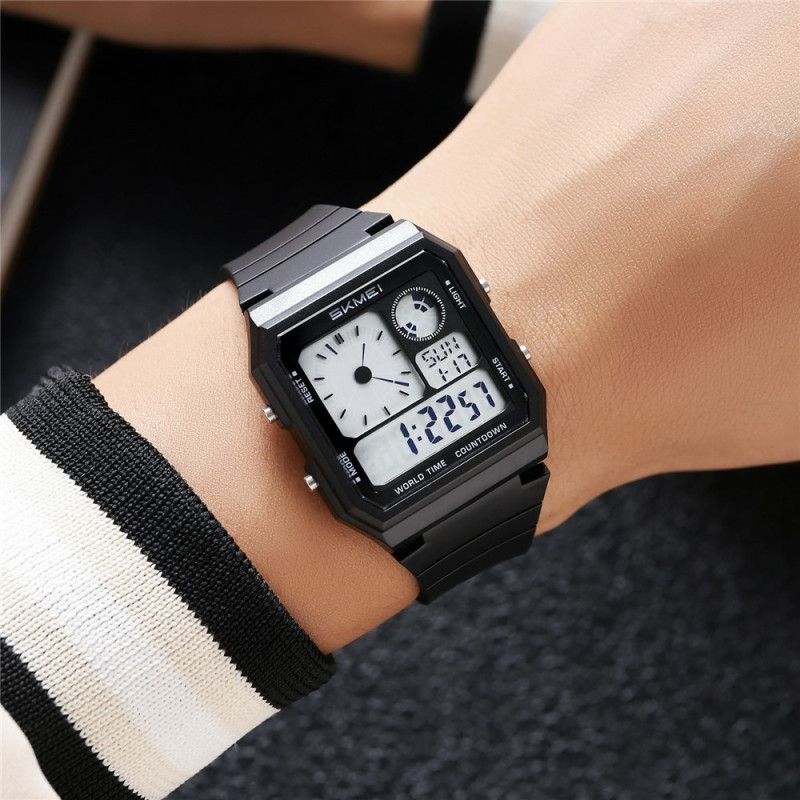 SKMEI Digital Electronic Wristwatch Clock Backlight - Black+White