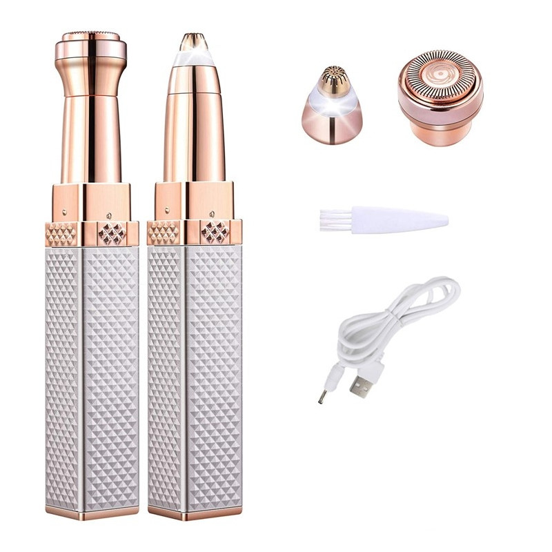 2-i-1 barbermaskin trimmer øyenbryn ansiktshårfjerner leppestiftformet LED-lys Rose Gold