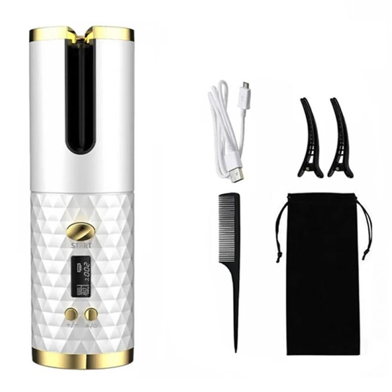 Curl Hair Curling Iron Rotating Hair Curling Iron LCD Display Ceramic Wavy - White