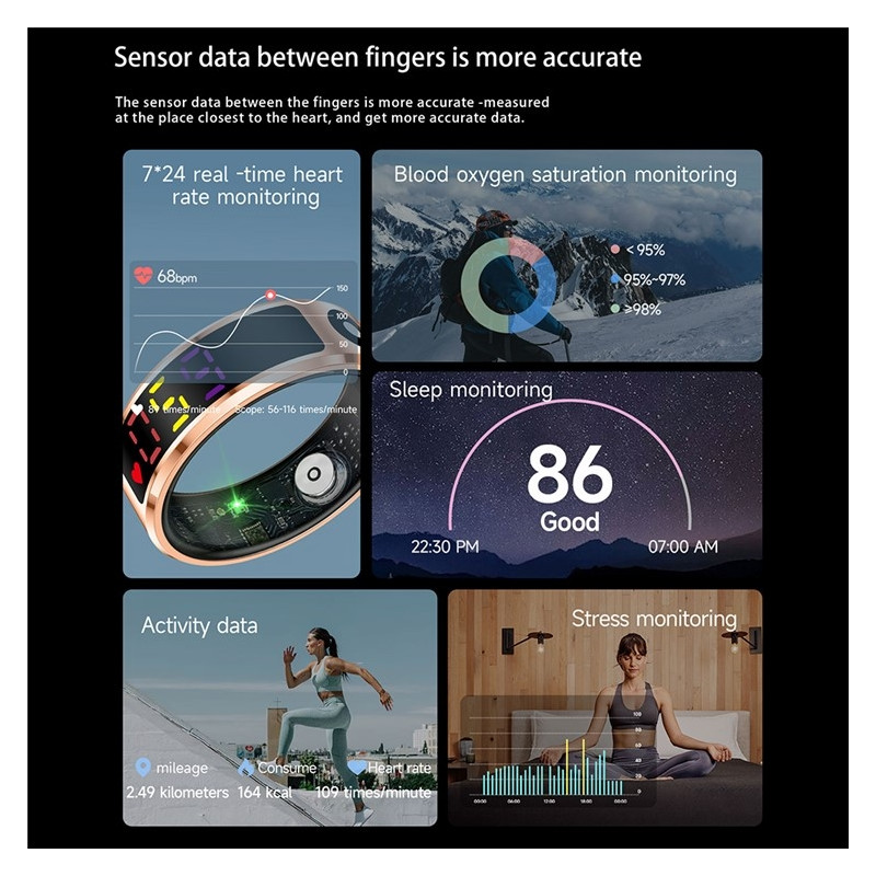 Waterproof Smart Ring Sleep Tracker Blood Oxygen Heart Rate Monitor Charging Case - Size 10