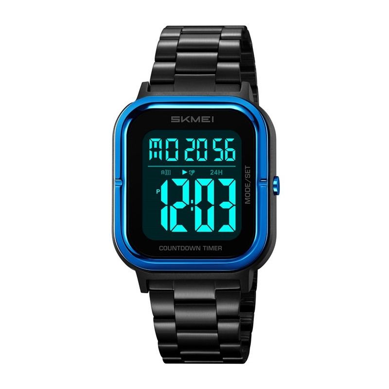 SKMEI Waterproof Digital Wristwatch Clock Lighting Stopwatch - Blue+Black+Steel