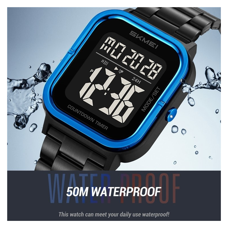 SKMEI Waterproof Digital Wristwatch Clock Lighting Stopwatch - Black+Black+Steel
