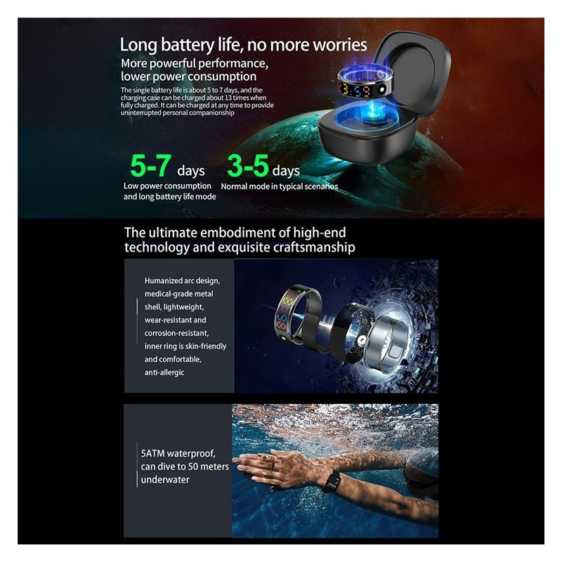 Waterproof Smart Ring Sleep Tracker Blood Oxygen Heart Rate Monitor Charging Case - Size 9