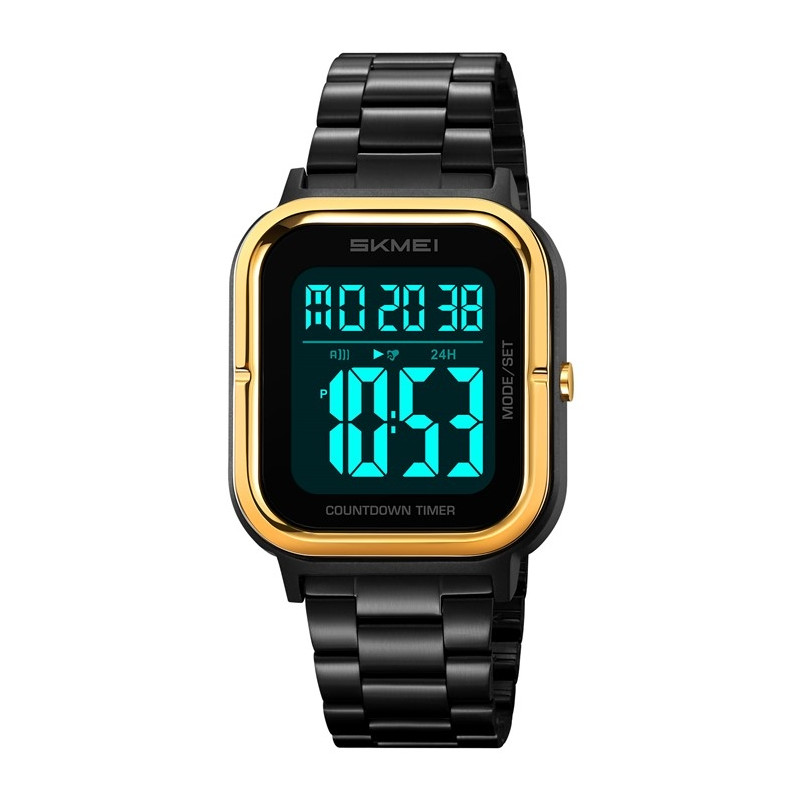 SKMEI Vanntett Digital Armbåndsur Klokkebelysning Stoppeklokke - Gull + Svart + Stål