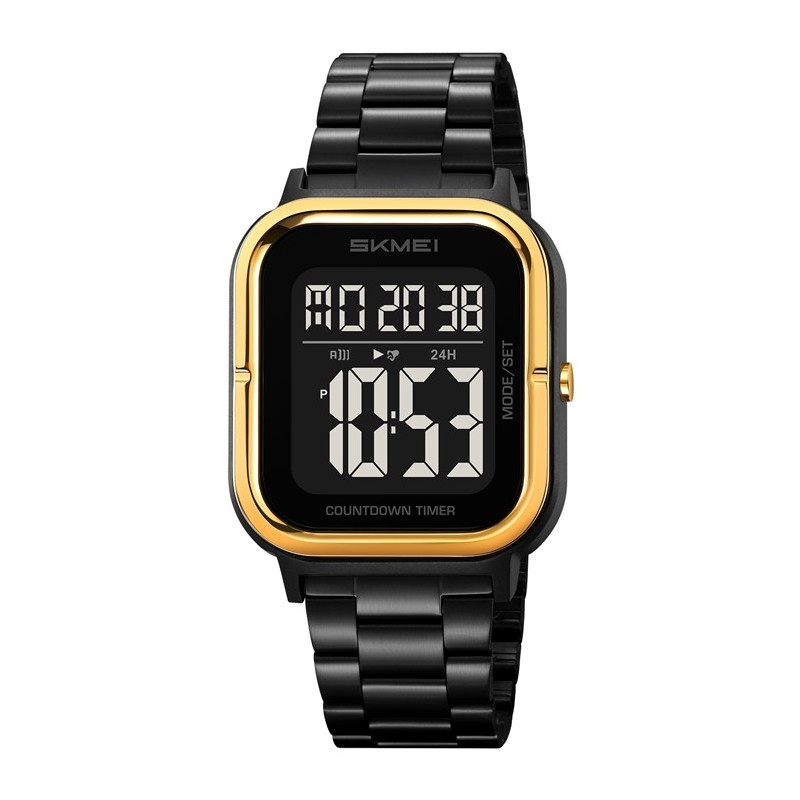 SKMEI Waterproof Digital Wristwatch Clock Lighting Stopwatch - Gold+Black+Steel