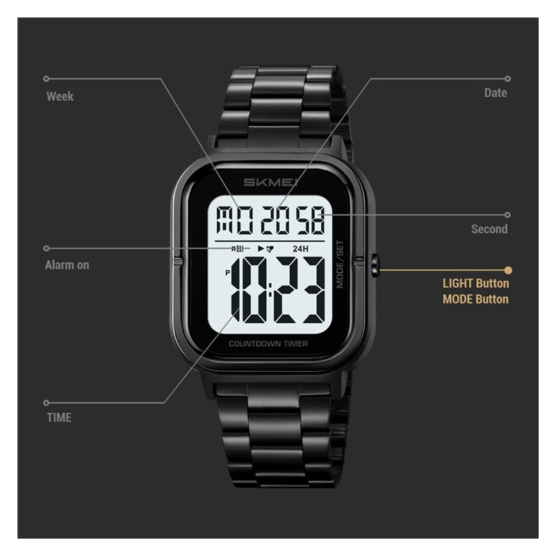 SKMEI Vanntett Digital Armbåndsur Klokkebelysning Stoppeklokke - Svart+Svart+TPU