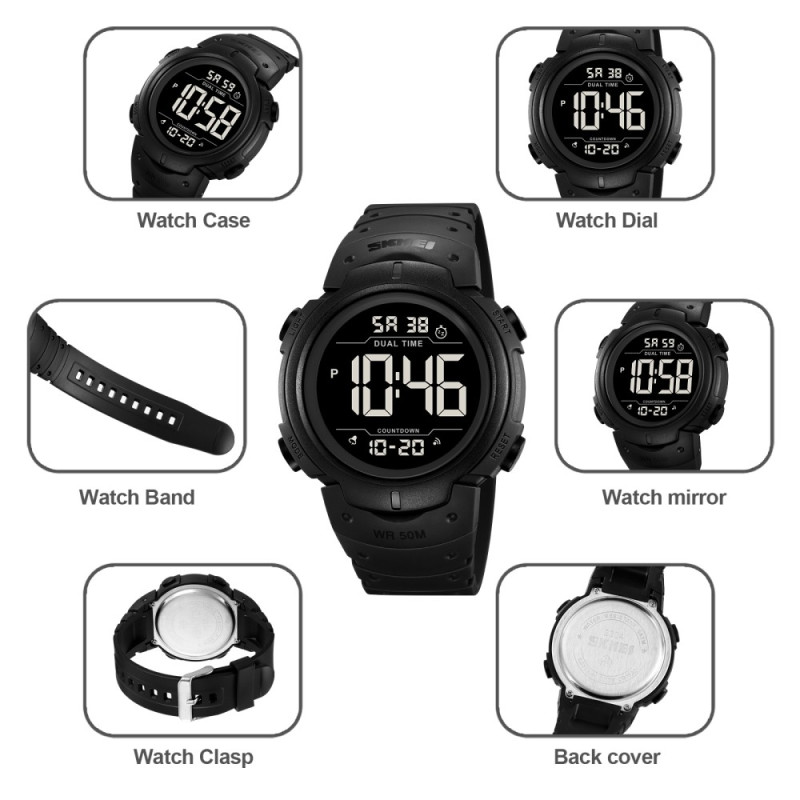 SKMEI Digital Electronic Wristwatch Clock Dual Time - Black-white