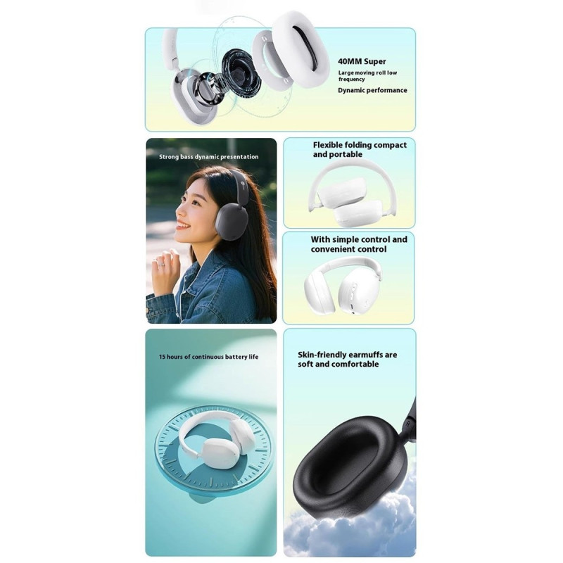 LENOVO Trådløse Over-Ear Hovedtelefoner Sammenklappelige Musik Bluetooth Headset - Hvid