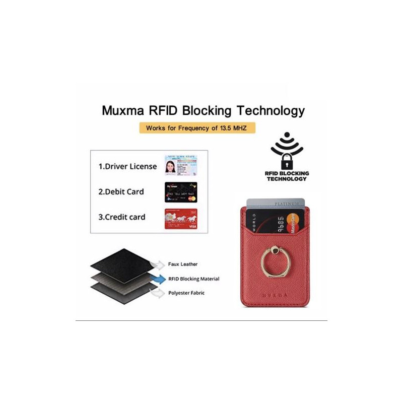 MUXMA Card Holder Ring Stand RFID Blocking Adhesive Credit Card Slot - Red