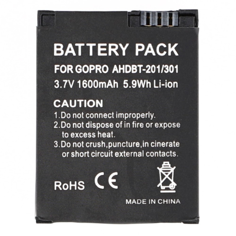Batteri for GoPro Hero 3 kamera 3,7V 1600mAh AHDBT-201/301 erstatningsbatteri