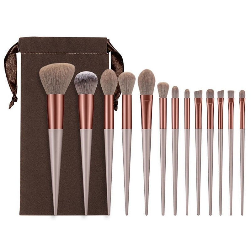 13 Pcs Makeup Brush Set Cosmetic Brushes Soft Fiber Foundation Contour - Coffee