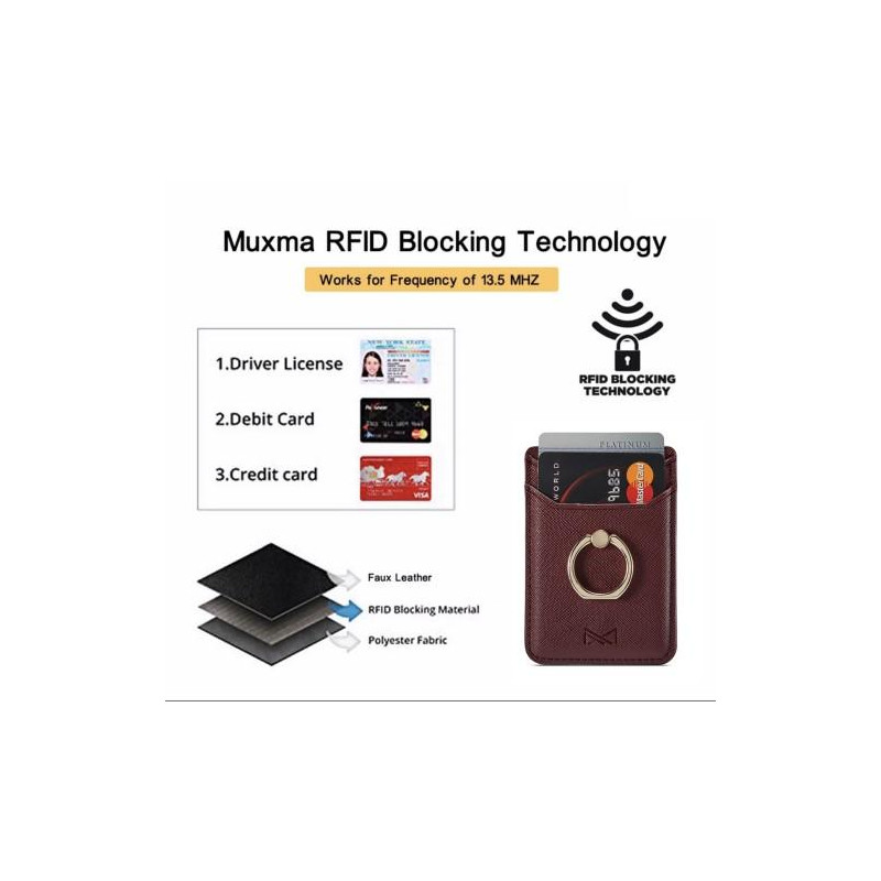 MUXMA Card Holder Ring Stand RFID Blocking Adhesive Credit Card Slot - Wine Red