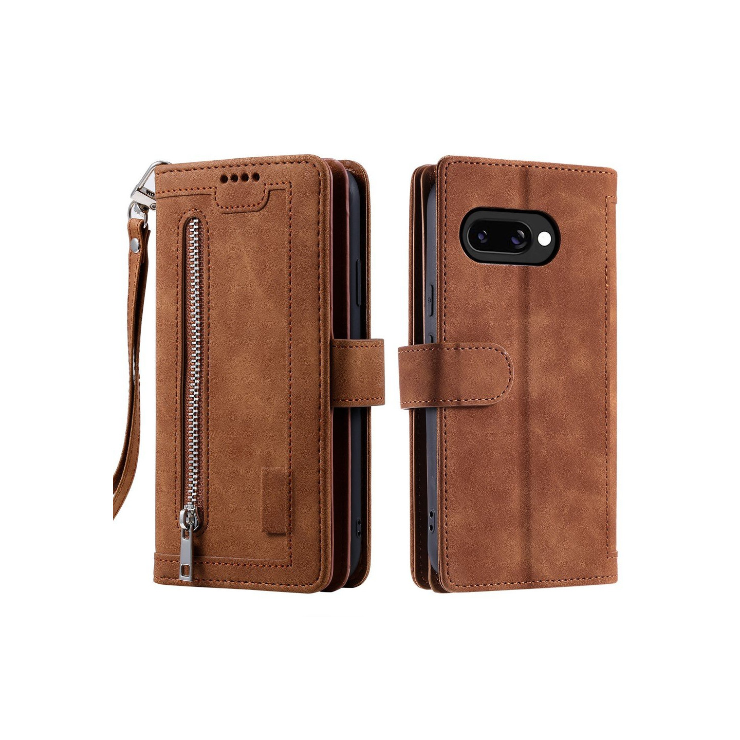 For Google Pixel 9A Case Zipper Pocket PU Leather Phone Cover with 9 Card Slots