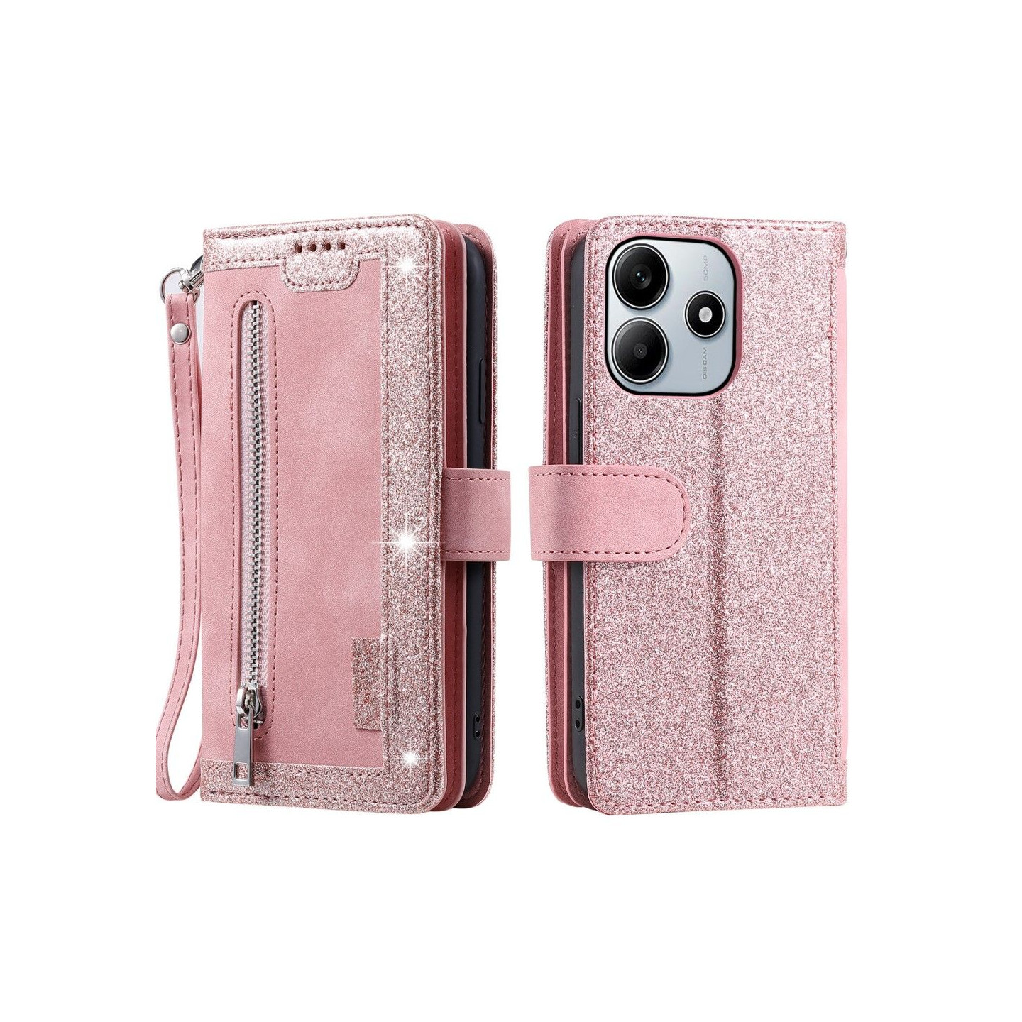 Til Xiaomi Redmi Note 14 4G Deksel med glidelås og 9 kortspor - RoseGold