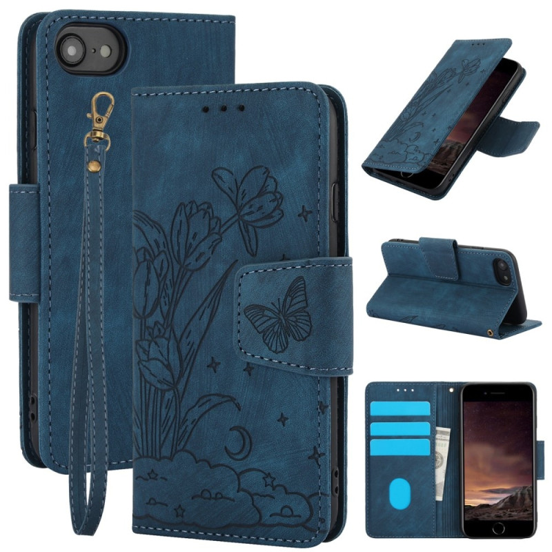 For iPhone 16e Etui Sommerfugl Blomst Ripebestandig Telefondeksel