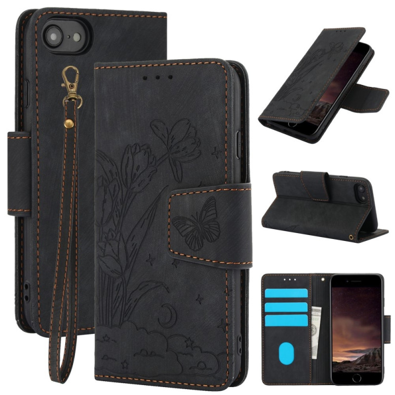 For iPhone 16e Etui Sommerfugl Blomst Ripebestandig Telefondeksel