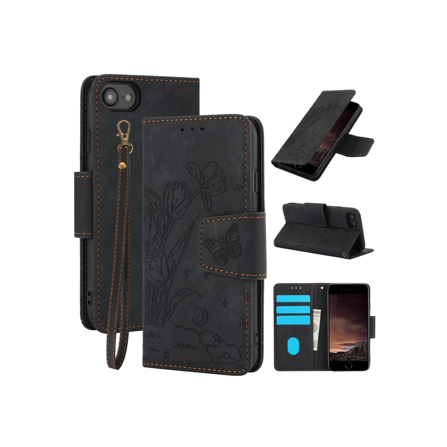 För iPhone 16e Fodral Fjäril Blomma Reptåligt Telefonfodral