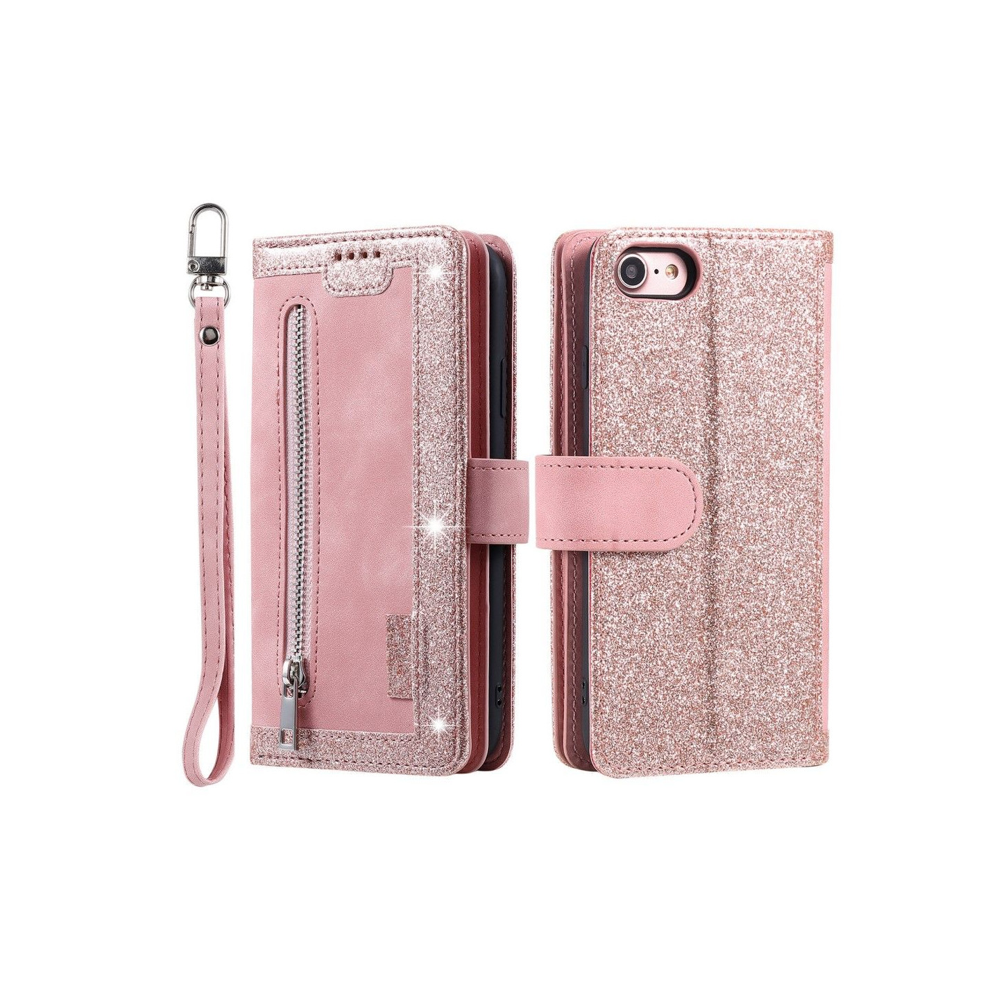 For iPhone 16e Case Zipper Pocket PU Leather Phone Cover with 9 Card Slots