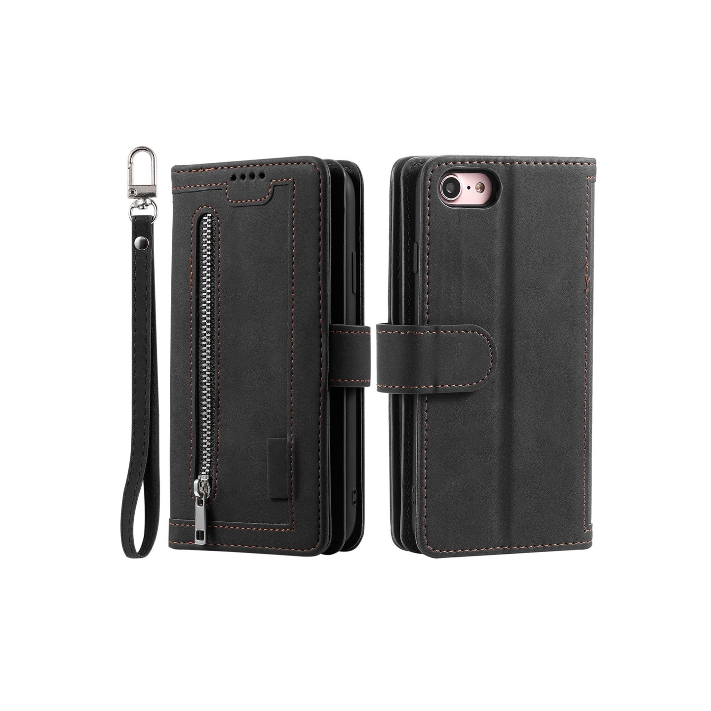 For iPhone 16e Case Zipper Pocket PU Leather Phone Cover with 9 Card Slots