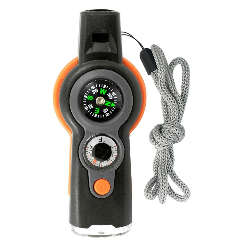 7-i-1 Whistle Survival Whistle med kompass / LED-lys / forstørrelsesglass