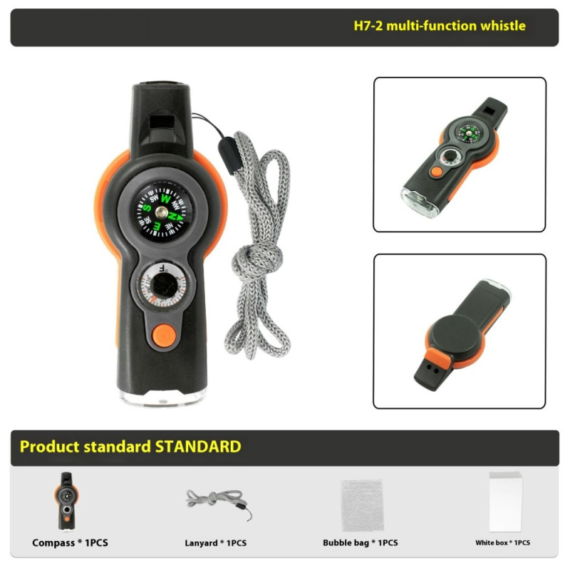 7-i-1 Visselpipa Survival Whistle med kompass / LED-ljus / förstoringsglas