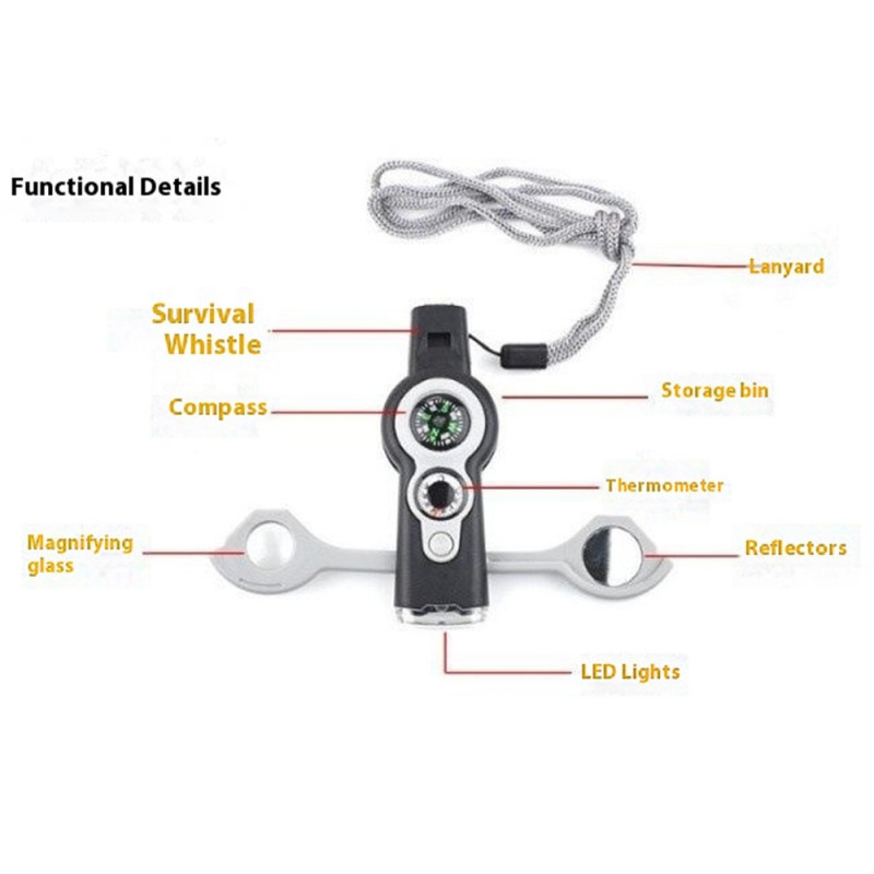 7-in-1 Whistle Survival Whistle kompassilla / LED-valolla / suurennuslasilla