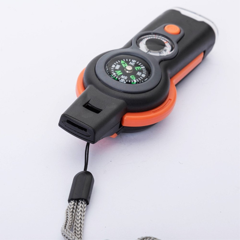 7-i-1 Whistle Survival Whistle med kompass / LED-lys / forstørrelsesglass