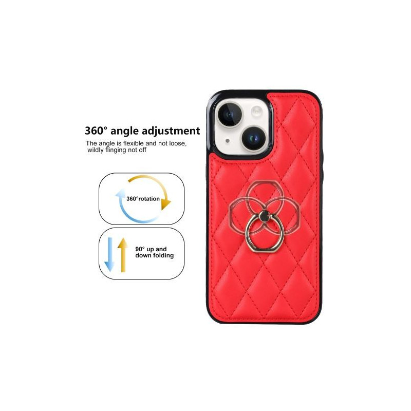 iPhone 14 Etui Rhombus Grid Pattern Bagcoverring Kickstand - Rød