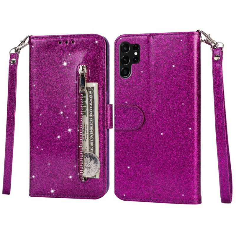 För Samsung Galaxy S25 Ultra Ställbart Glitterfodral med Dragkedjeficka