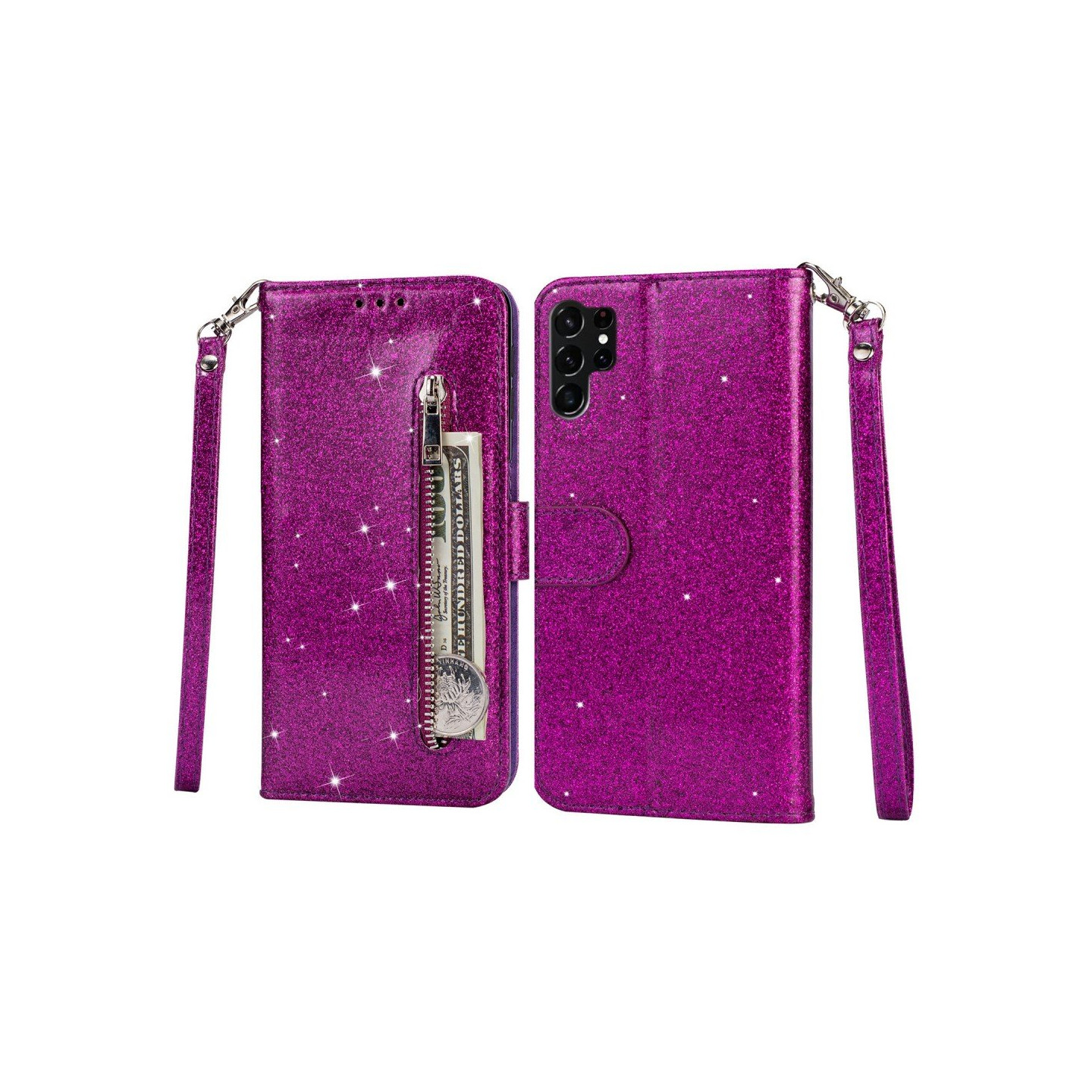 För Samsung Galaxy S25 Ultra Ställbart Glitterfodral med Dragkedjeficka