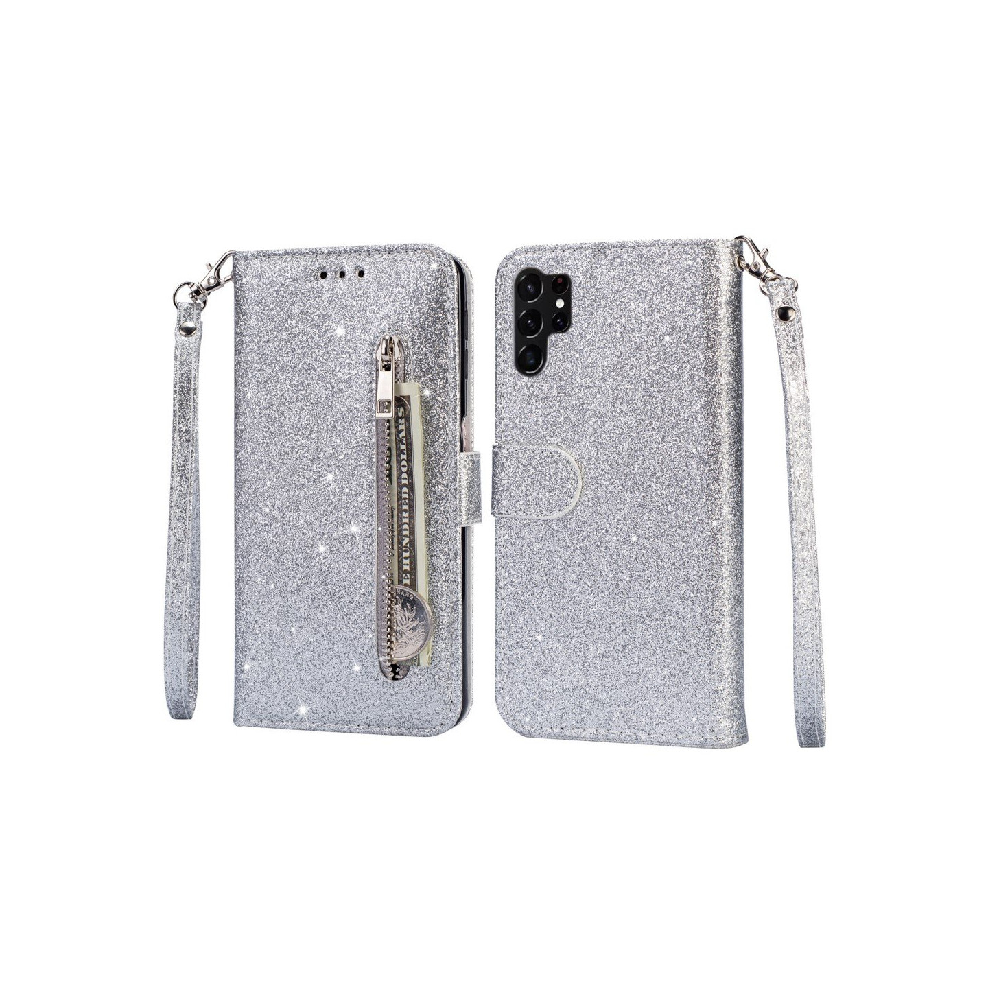 For Samsung Galaxy S25 Ultra Stand Case Glitter Phone Leather Cover Zipper Pocket - Silver