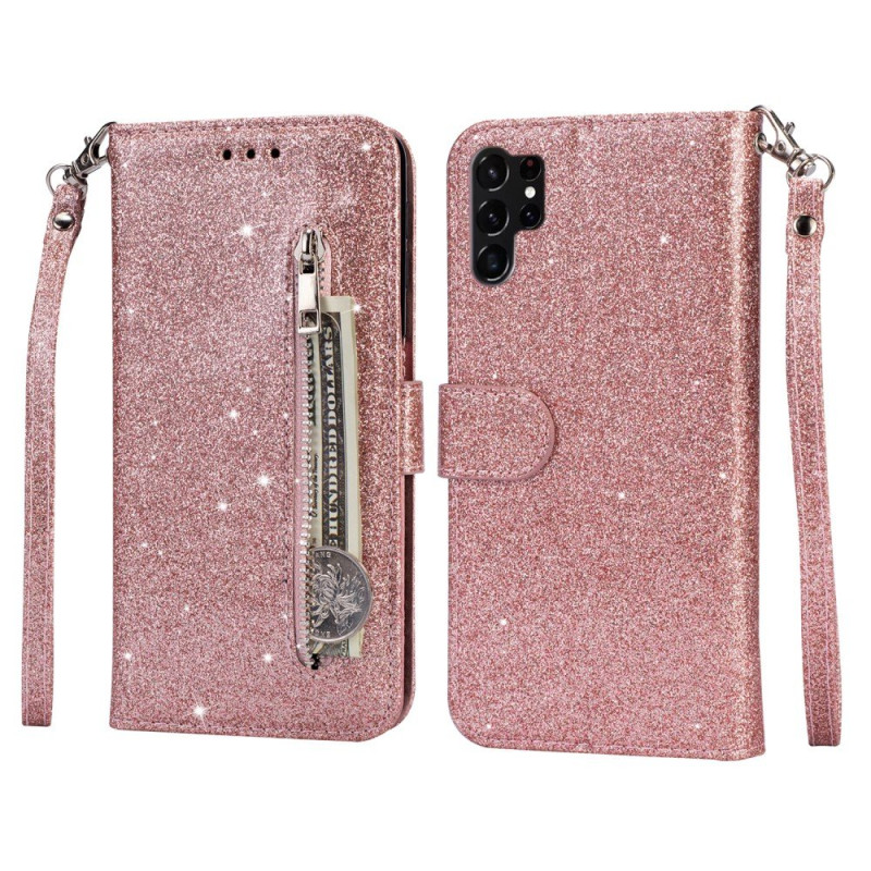 For Samsung Galaxy S25 Ultra Stand Case Glitter Phone Leather Cover Zipper Pocket