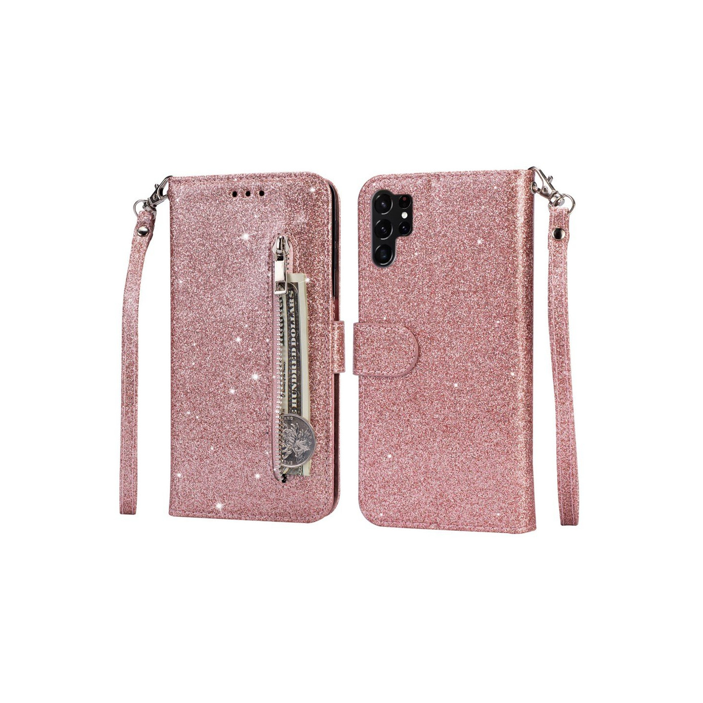 För Samsung Galaxy S25 Ultra Ställbart Glitterfodral med Dragkedjeficka