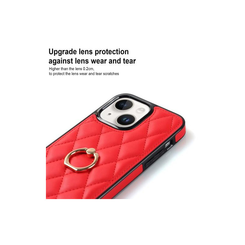 iPhone 14 Case Rhombus Grid Pattern Back Cover Ring Kickstand - Red