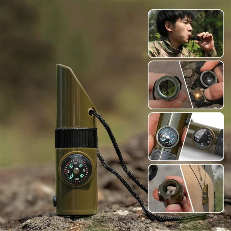 7 i 1 Visselpipa Hög Decibel Survival Whistle Ficklampa Kompass Termometer mm