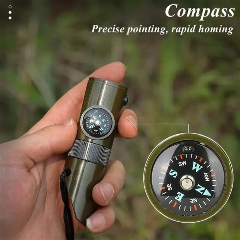 7 i 1 Visselpipa Hög Decibel Survival Whistle Ficklampa Kompass Termometer mm