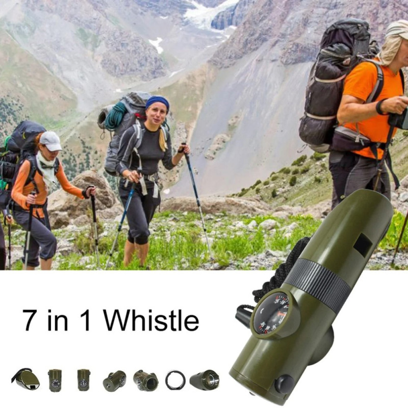 7 in 1 Whistle High Decibel Survival Whistle Taskulamppu Kompassilämpömittari jne