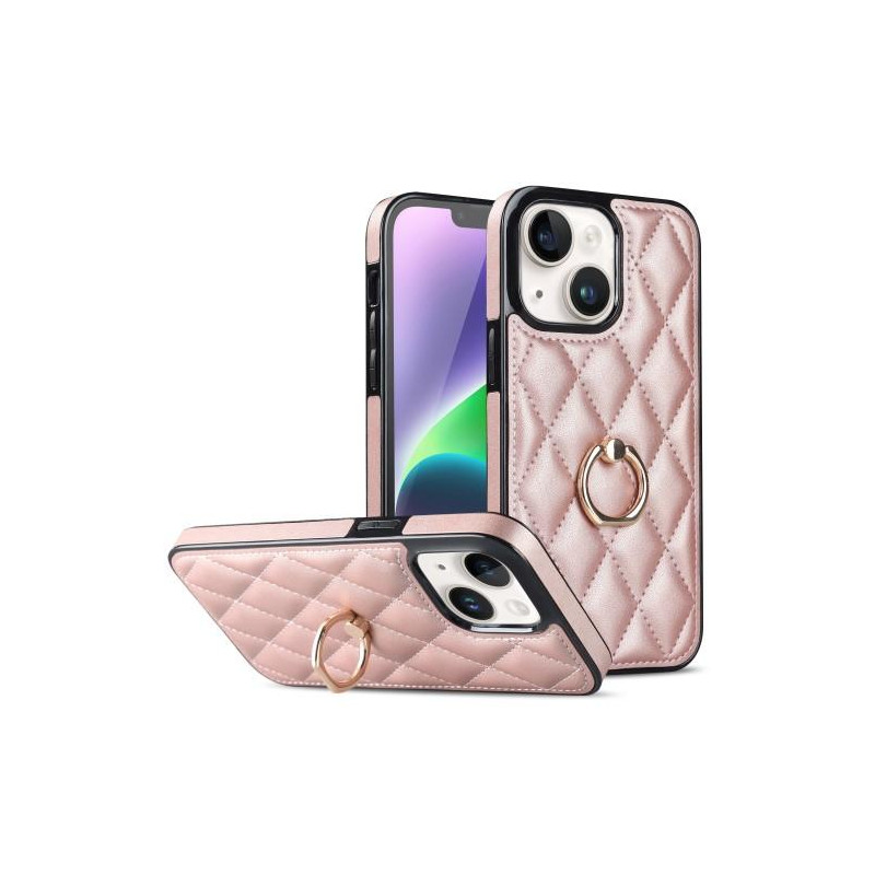 iPhone 14 Case Rhombus Grid Pattern Back Cover Ring Kickstand - Rose Gold