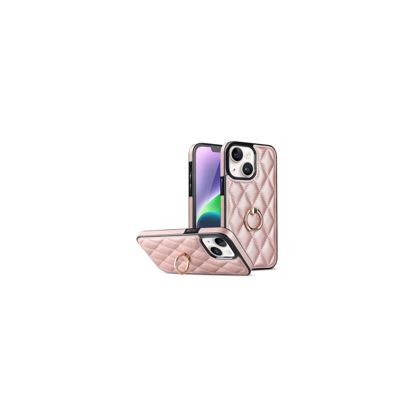 iPhone 14 Etui Rhombus Grid Mønster Bagcoverring Kickstand - Rose Gold